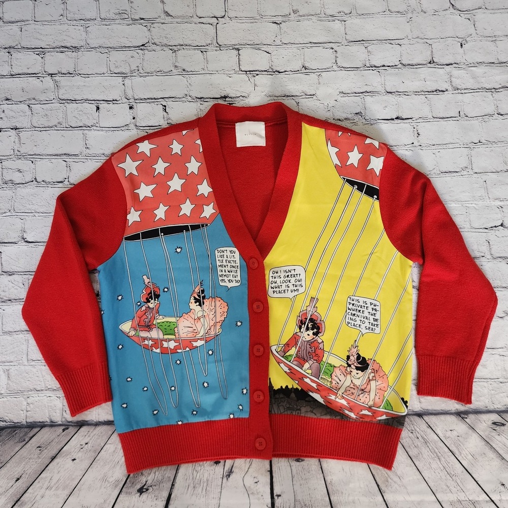 BUTTON Little Nemo Print Panelled Cardigan In Red, Quirky Novelty Knit, Comic